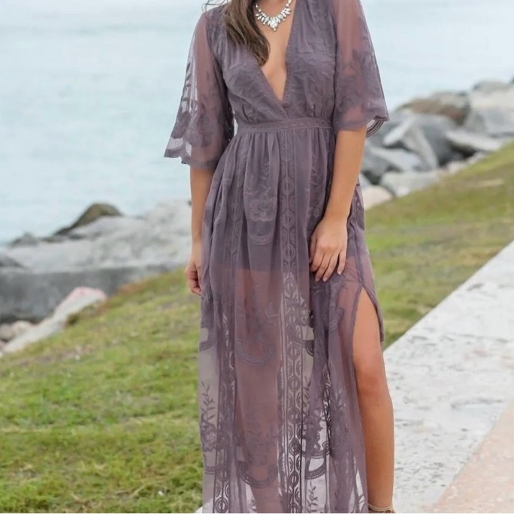 Wishlist Sheer Lace Maxi Dress in Purple